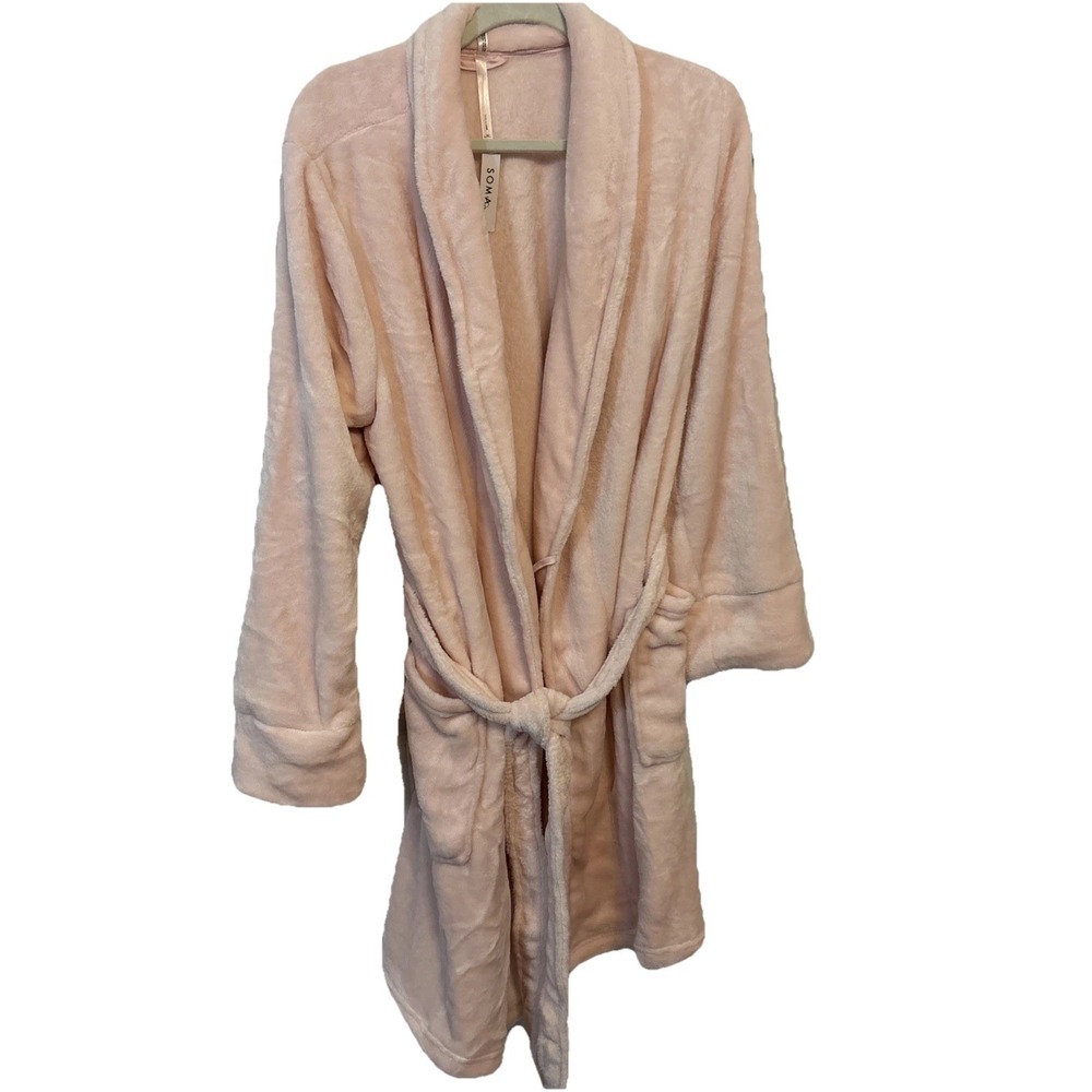 Soma Womens Short Plush Robe Pink Belted Pockets Loungewear L XL 570297172